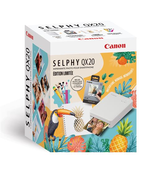Kit Summer Imprimante Photo Canon Selphy QX20 Blanc + 1 carnet et 20 tirages inclus 2026 État correct Canon reconditionné disponible sur Fnac