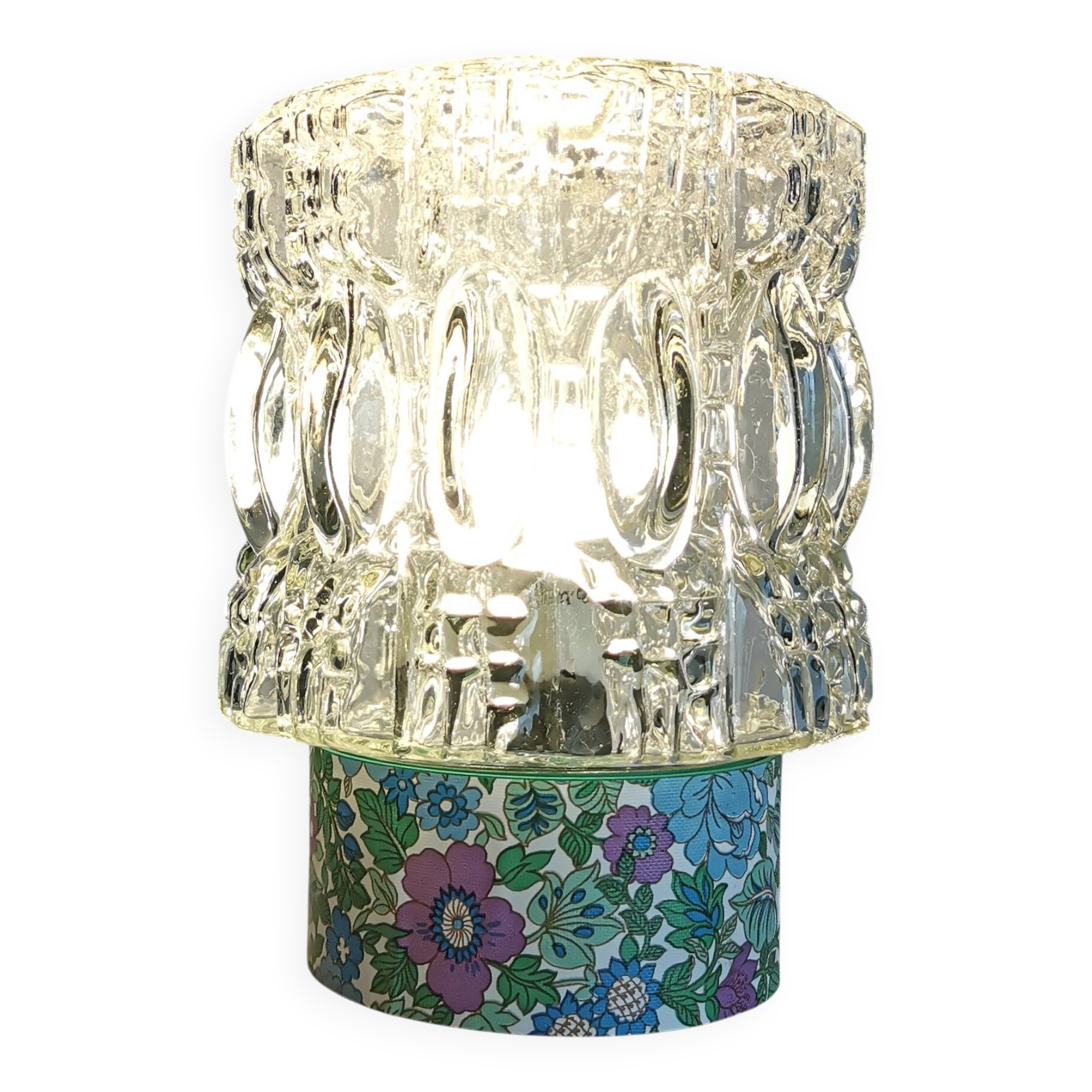 Lampe salon chevet bureau vintage verre transparent fleurs violet bleu vert Bon état reconditionné (offre indisponible)