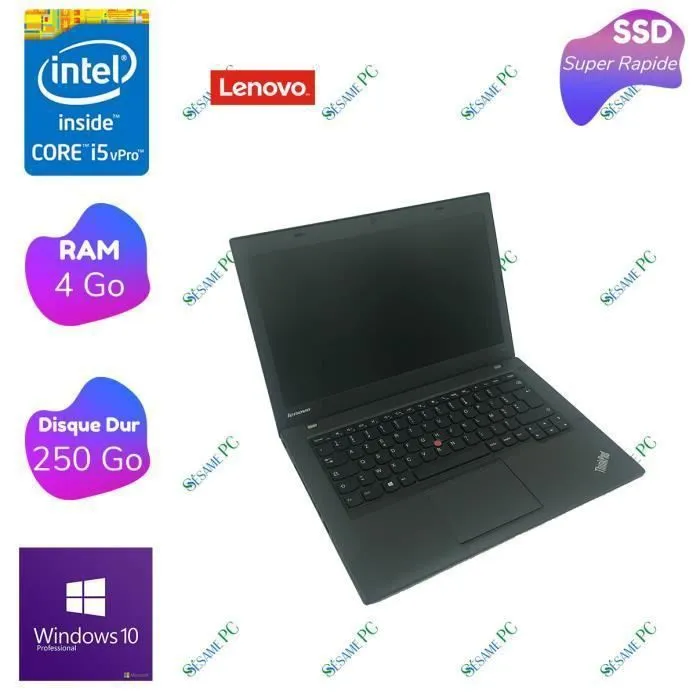 Lenovo T440 - Intel Core i5 4300U - RAM 4 Go - SSD 250 Go - 14 - Windows 10 professionnel - ORDINATEUR PORTABLE Reconditionné - 218,00 € Lenovo T440 - Intel Core i5 4300U - RAM 4 Go - SSD 250 Go - 14 - Windows 10 professionnel - ORDINATEUR PORTABLE Reconditionné Lenovo reconditionné disponible sur Cdiscount Seconde Vie