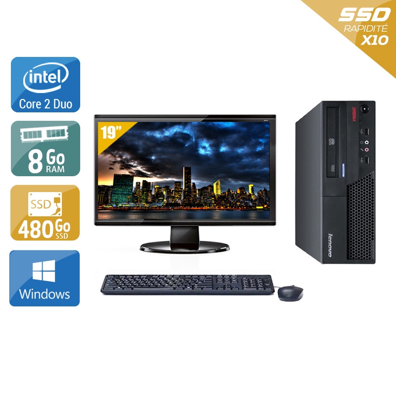 Lenovo ThinkCentre M58 SFF Core 2 Duo + Écran - 19'' 8Go RAM 480Go SSD Windows 10 Bon étatOccasion certifiée reconditionnée Bon état reconditionné disponible sur Kiatoo
