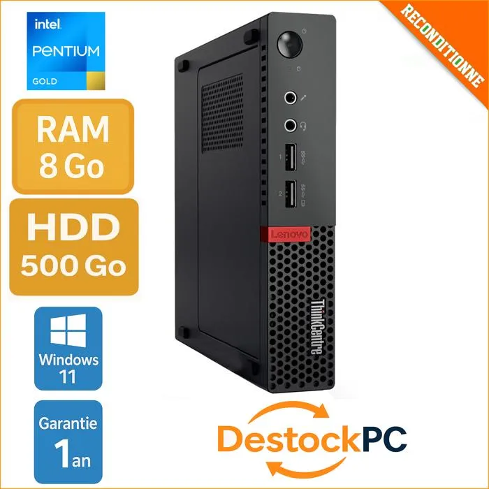 Lenovo ThinkCentre M710q Tiny – Windows 11 Pentium G4400T 8Go de RAM 500Go HDD – PC reconditionné Reconditionné Lenovo reconditionné disponible sur Cdiscount Seconde Vie