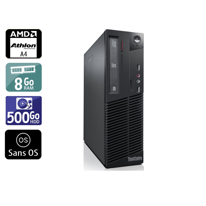Lenovo ThinkCentre M78 SFF AMD A4 - 8Go RAM 500Go HDD Sans OS Bon étatOccasion certifiée reconditionnée Bon état reconditionné disponible sur Kiatoo