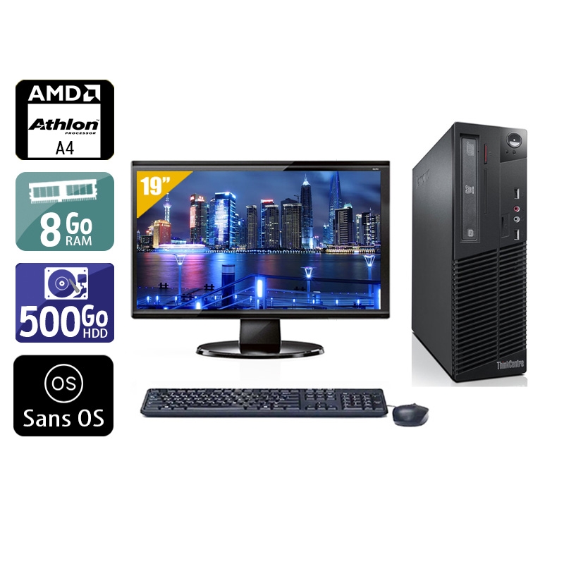 Lenovo ThinkCentre M78 SFF AMD A4 + Écran - 19'' 8Go RAM 500Go HDD Sans OS Bon étatOccasion certifiée reconditionnée Bon état reconditionné disponible sur Kiatoo