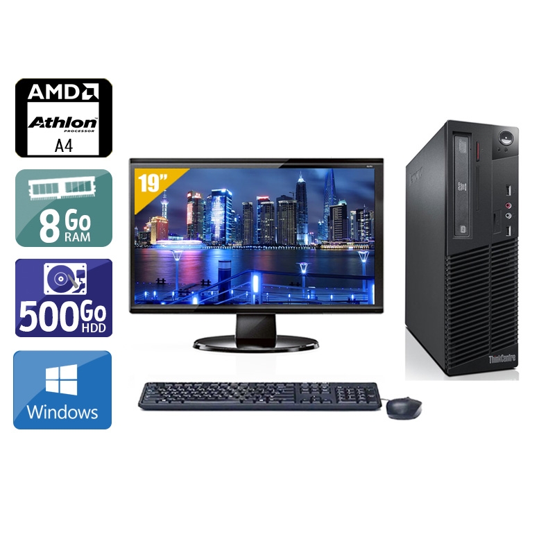 Lenovo ThinkCentre M78 SFF AMD A4 + Écran - 19'' 8Go RAM 500Go HDD Windows 10 Bon étatOccasion certifiée reconditionnée Bon état reconditionné disponible sur Kiatoo