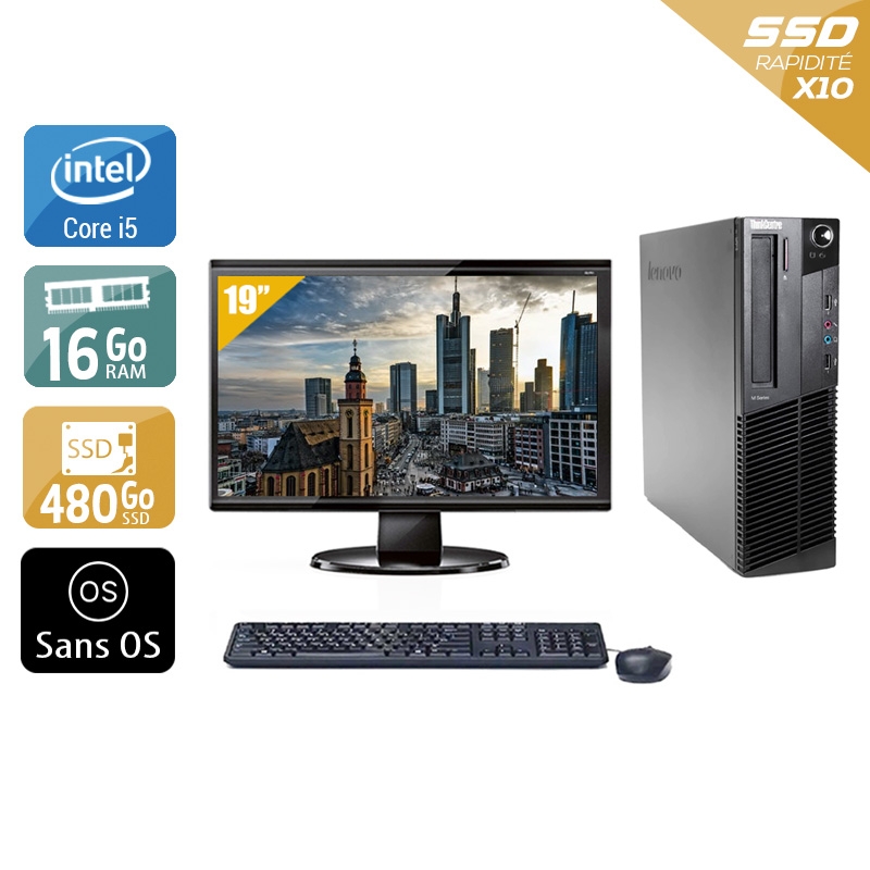 Lenovo ThinkCentre M83 SFF i5 + Écran - 19'' 16Go RAM 480Go SSD Sans OS Bon étatOccasion certifiée reconditionnée Bon état reconditionné disponible sur Kiatoo