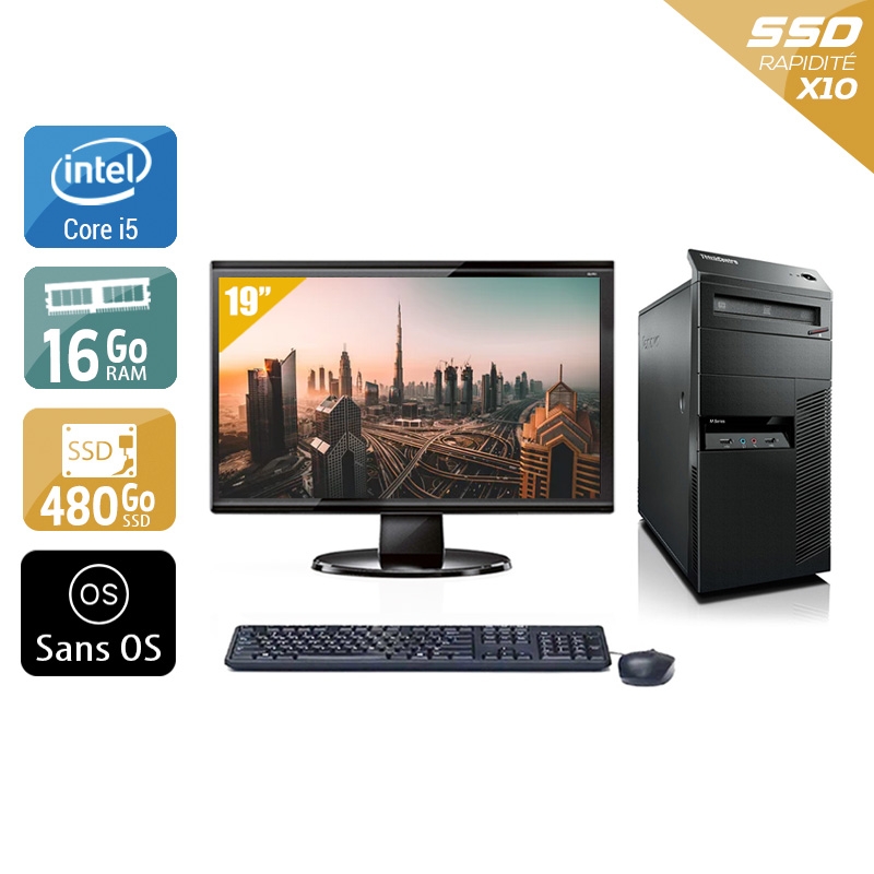 Lenovo ThinkCentre M90 Tower i5 + Écran - 19'' 16Go RAM 480Go SSD Sans OS Bon étatOccasion certifiée reconditionnée Bon état reconditionné disponible sur Kiatoo