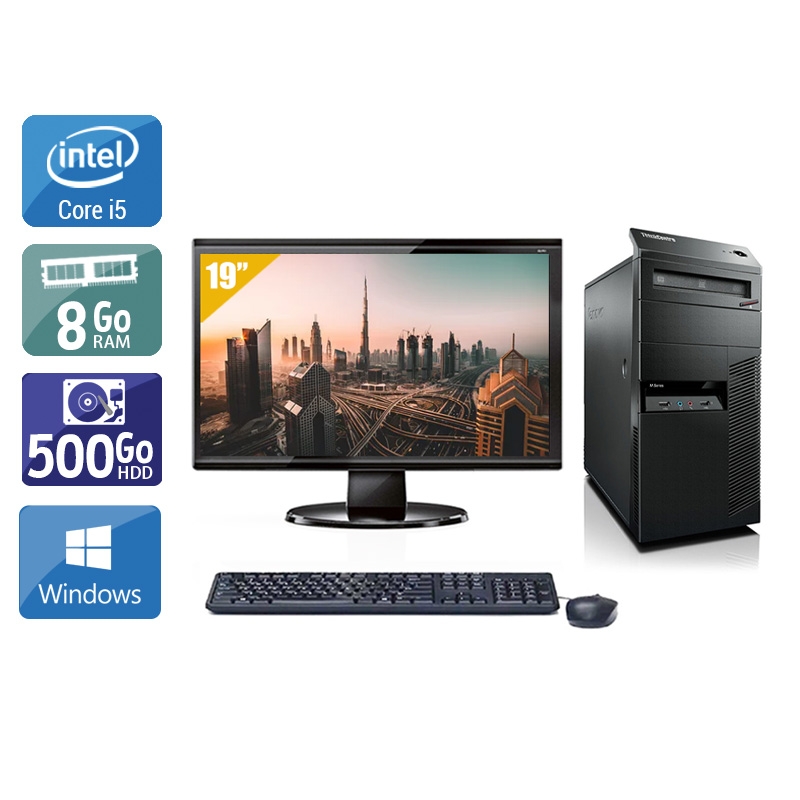 Lenovo ThinkCentre M90 Tower i5 + Écran - 19'' 8Go RAM 500Go HDD Windows 10 Bon étatOccasion certifiée reconditionnée Bon état reconditionné disponible sur Kiatoo