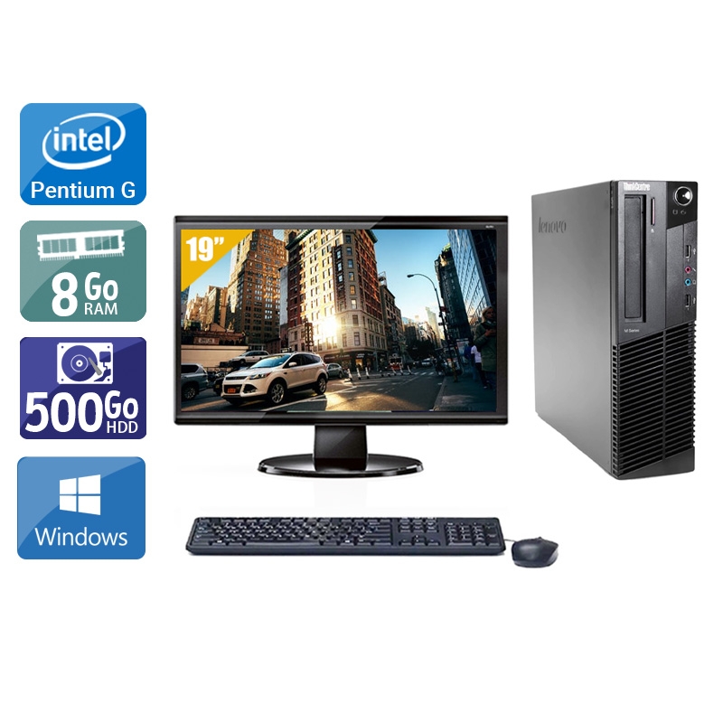 Lenovo ThinkCentre M91 SFF Pentium G Dual Core + Écran - 19'' 8Go RAM 500Go HDD Windows 10 Bon étatOccasion certifiée reconditionnée Bon état reconditionné disponible sur Kiatoo