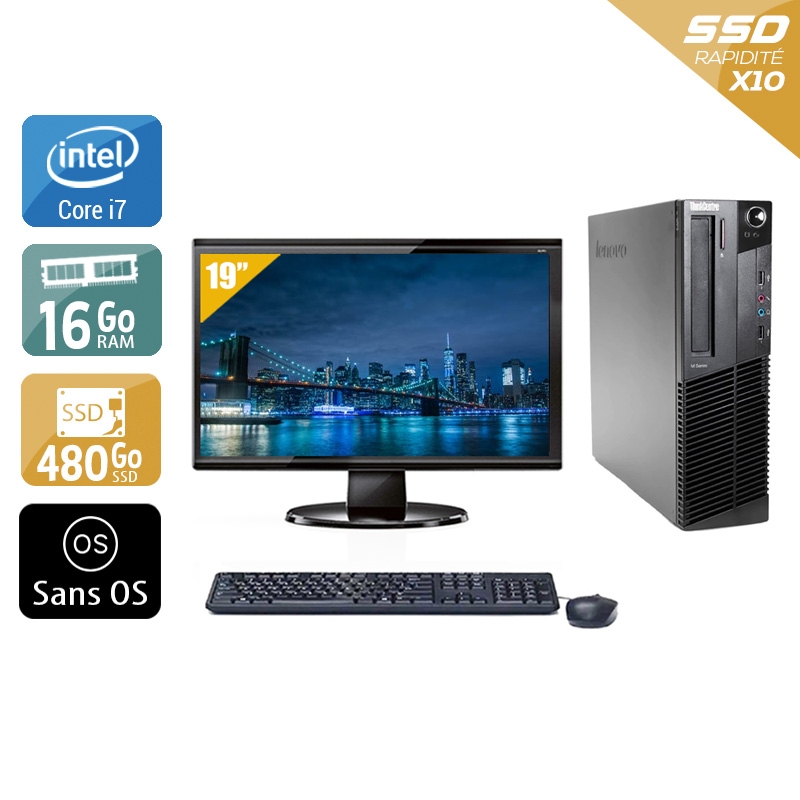 Lenovo ThinkCentre M92 SFF i7 + Écran - 19'' 16Go RAM 480Go SSD Sans OS Bon étatOccasion certifiée reconditionnée Bon état reconditionné disponible sur Kiatoo