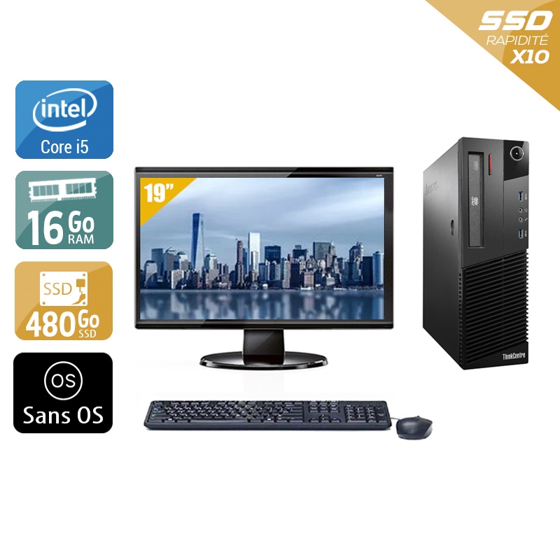 Lenovo ThinkCentre M93 SFF i5 + Écran - 19'' 16Go RAM 480Go SSD Sans OS Bon étatOccasion certifiée reconditionnée Bon état reconditionné disponible sur Kiatoo