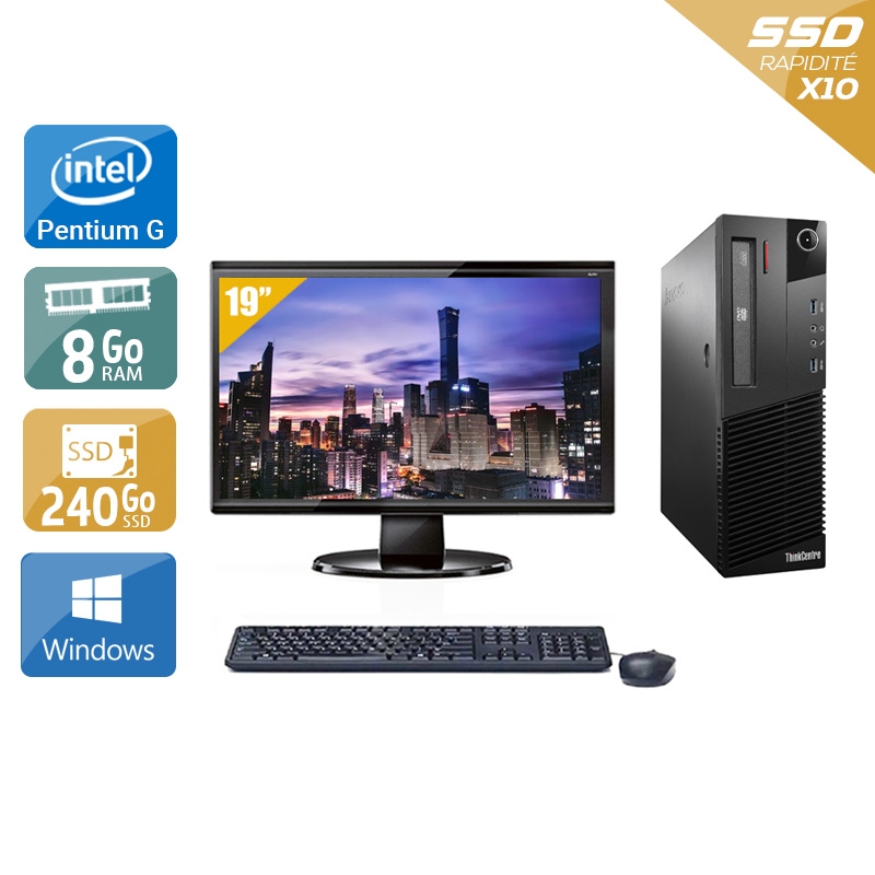 Lenovo ThinkCentre M93 SFF Pentium G Dual Core + Écran - 19'' 8Go RAM 240Go SSD Windows 10 Bon étatOccasion certifiée reconditionnée Bon état reconditionné disponible sur Kiatoo
