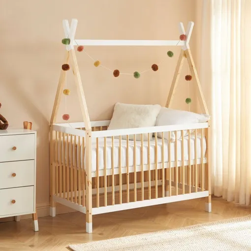 Lit bébé tipi 60x120 cm en pin blanc et naturel Bon état reconditionné disponible sur Rakuten