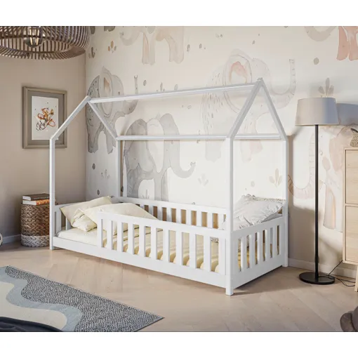 Lit cabane avec sommier et barrière blanche 90x190. occasion reconditionné disponible sur Rakuten