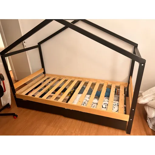 Lit cabane noir 90*190 avec 2 tiroirs rangement occasion reconditionné disponible sur Rakuten