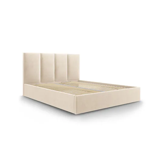 Lit coffre avec tête de lit 140x200 cm en velours beige Bon état reconditionné disponible sur Rakuten
