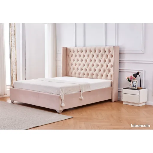 Lit double 160X200 cm PRINCESSE velours Beige sommier inclus Bon état reconditionné disponible sur Rakuten
