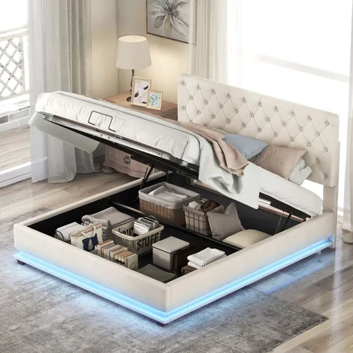 Lit double, Lit rembourré avec LED en différentes couleurs, Lit de rangement, Tête de lit réglable, Beige, 140x200cm Bon état reconditionné disponible sur Rakuten