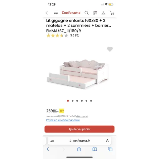 Lit Gigogne Enfants + Sommiers + Matelas + Barre De Sécurité Modèle Coeur Bon état reconditionné disponible sur Rakuten