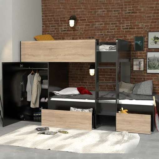 Lit superposé TWIN 90x190 avec armoire et tiroirs + 2 sommiers / Noir et Chêne blanchi/ 252x111x145 cm Bon état reconditionné disponible sur Rakuten