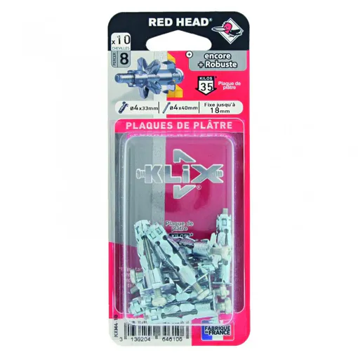 Lot de 10 chevilles et vis à expansion klix RED HEAD, Diam.4 x L.33 mm Bon état reconditionné disponible sur Rakuten