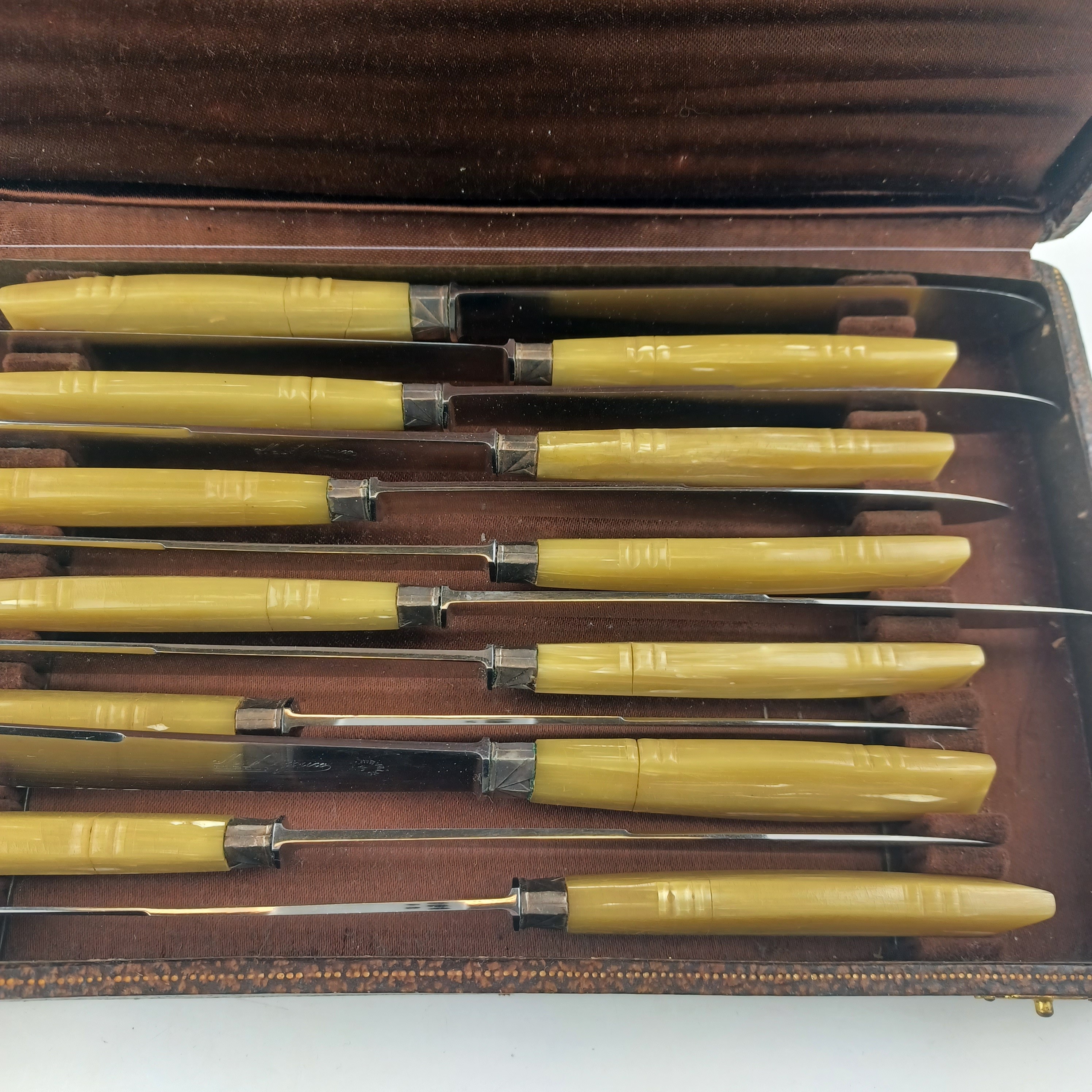 Voir photo 8 de Lot de 12, set complet de couteaux en acier inoxydables à manches jaune à la gerbe d'or de Maurice Auzoux Elbeuf dans son écrin d'origine Lot de 12, set complet de couteaux en acier inoxydables à manches jaune à la gerbe d'or de Maurice Auzoux Elbeuf dans son écrin d'origine Très bon état reconditionné photo 8