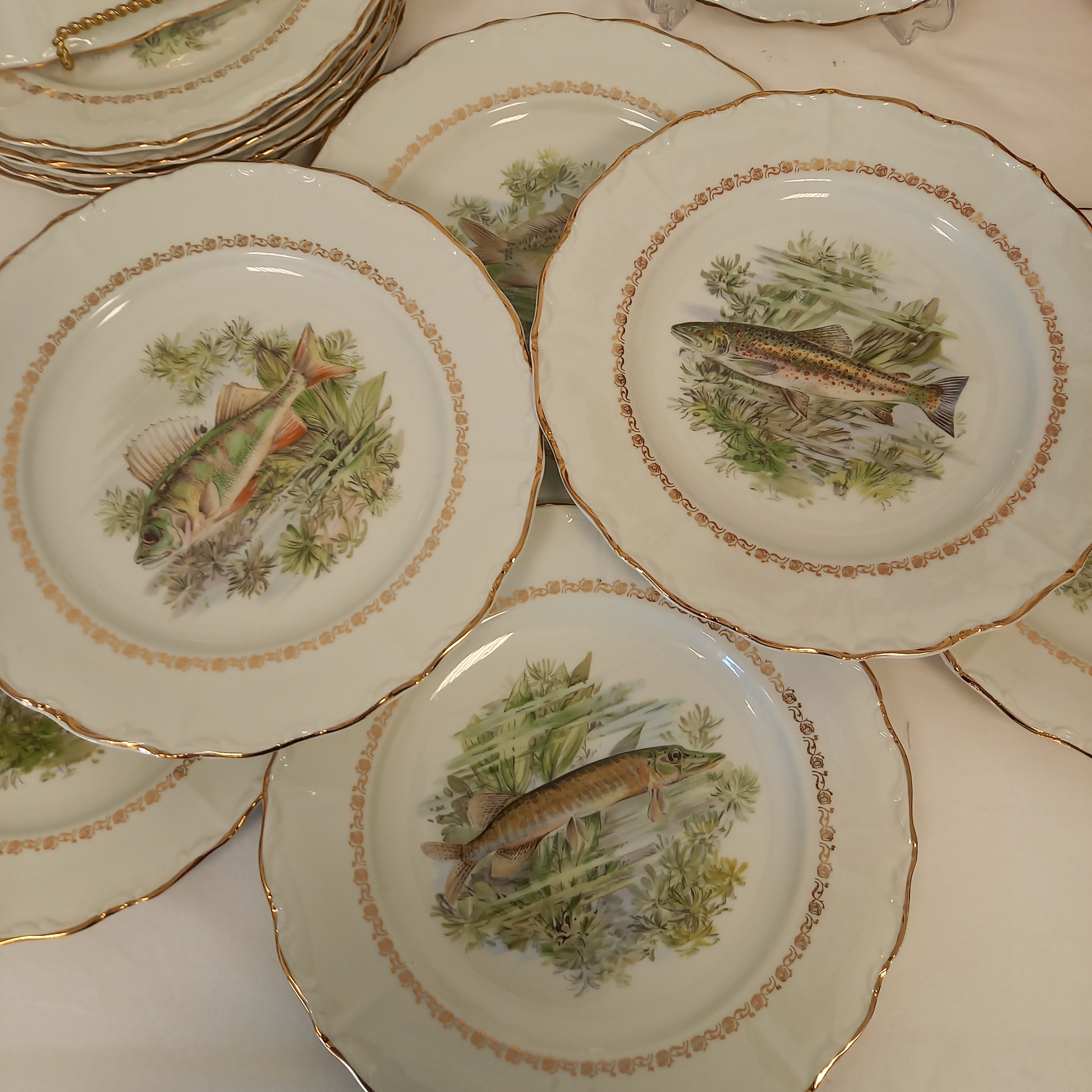 Voir photo 4 de Lot de 13 pièces Service à poisson composé de : 12 Assiettes plates et 1 Assiette ovale Lot de 13 pièces Service à poisson composé de : 12 Assiettes plates et 1 Assiette ovale Bon état reconditionné photo 4