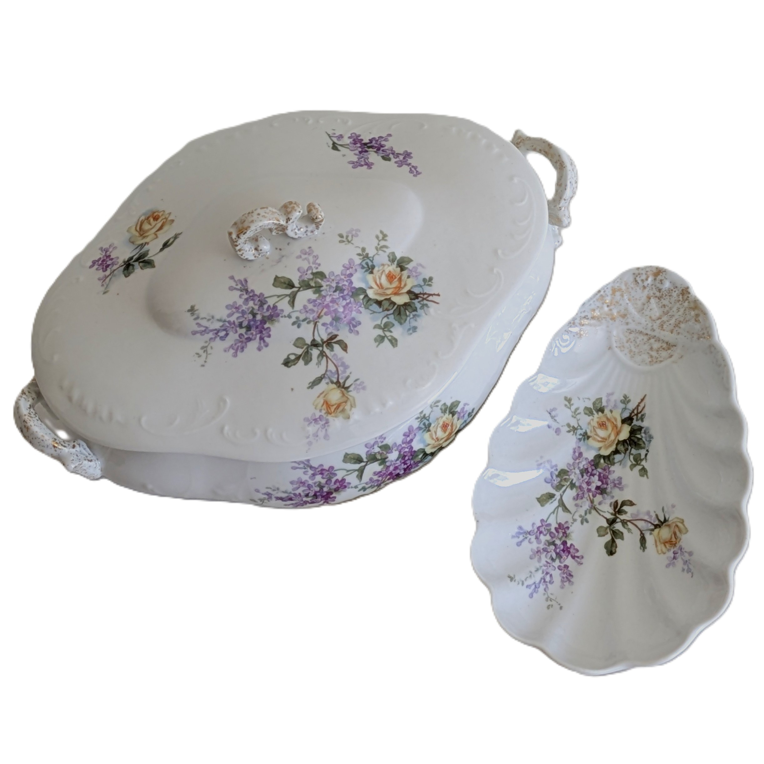 Voir photo 2 de 🌸 Lot de 2 plats anciens en faïence décor floral – soupière + plat coquille 🌸 Lot de 2 plats anciens en faïence décor floral – soupière + plat coquille reconditionné photo 2