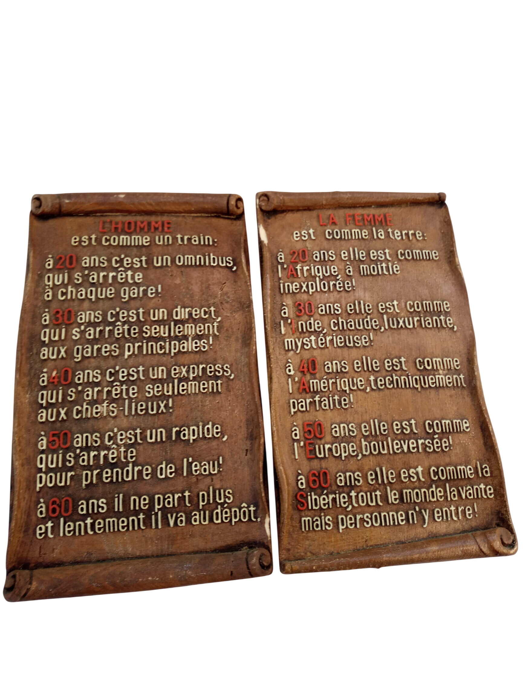 Acheter Lot de 2 tableaux en terre cuite 37 cm humoristique filo "La femme" et "L'homme" État correct - 15,68 € Lot de 2 tableaux en terre cuite 37 cm humoristique filo "La femme" et "L'homme" État correct reconditionné disponible sur Label Emmaüs