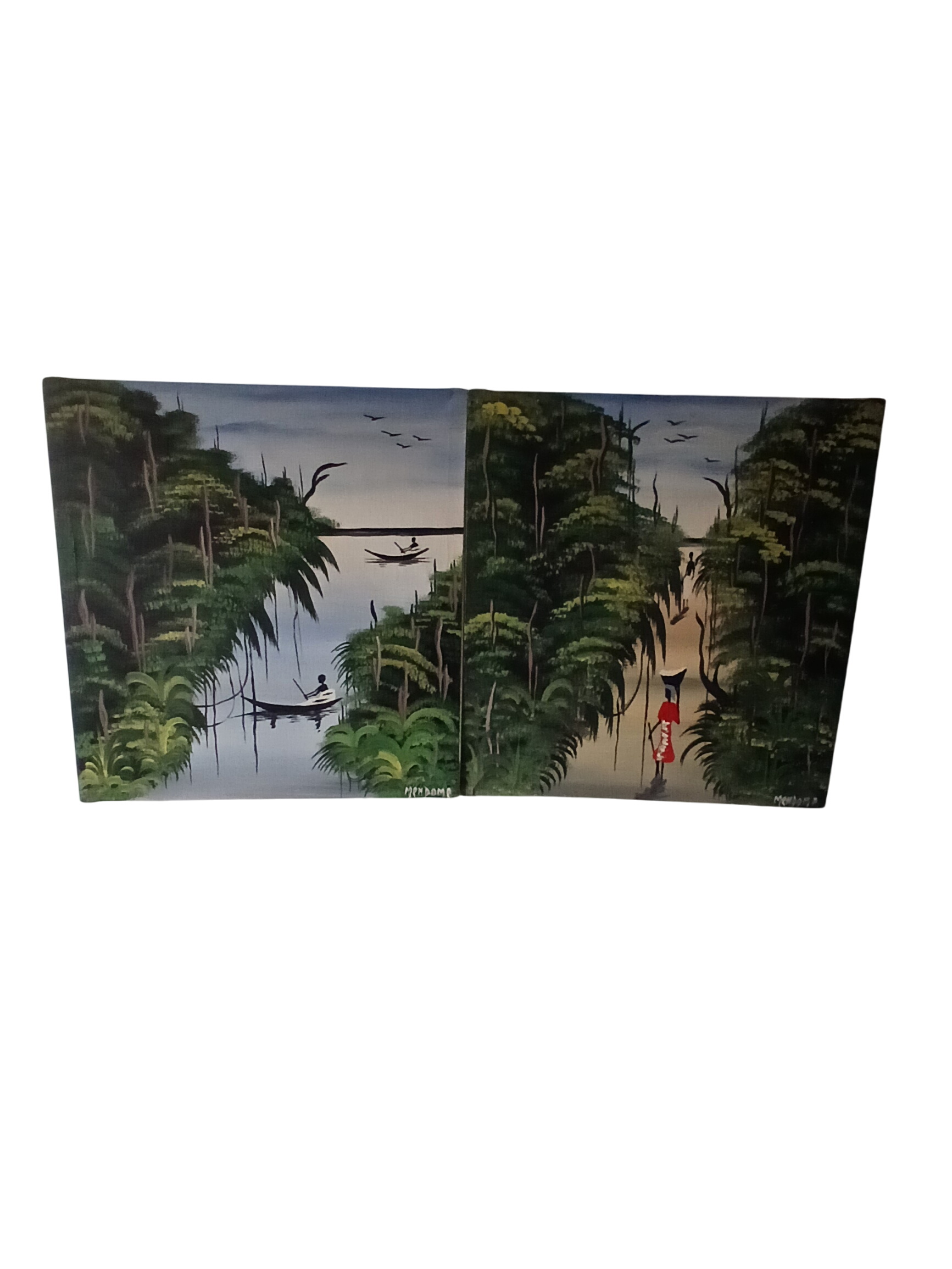 Lot de 2 tableaux , huile sur toile de paysages africains par el peintre Gabonais Jean-Joseph MENDOME-NYOH. Très bon état - 30,00 € Lot de 2 tableaux , huile sur toile de paysages africains par el peintre Gabonais Jean-Joseph MENDOME-NYOH. Très bon état reconditionné disponible sur Label Emmaüs