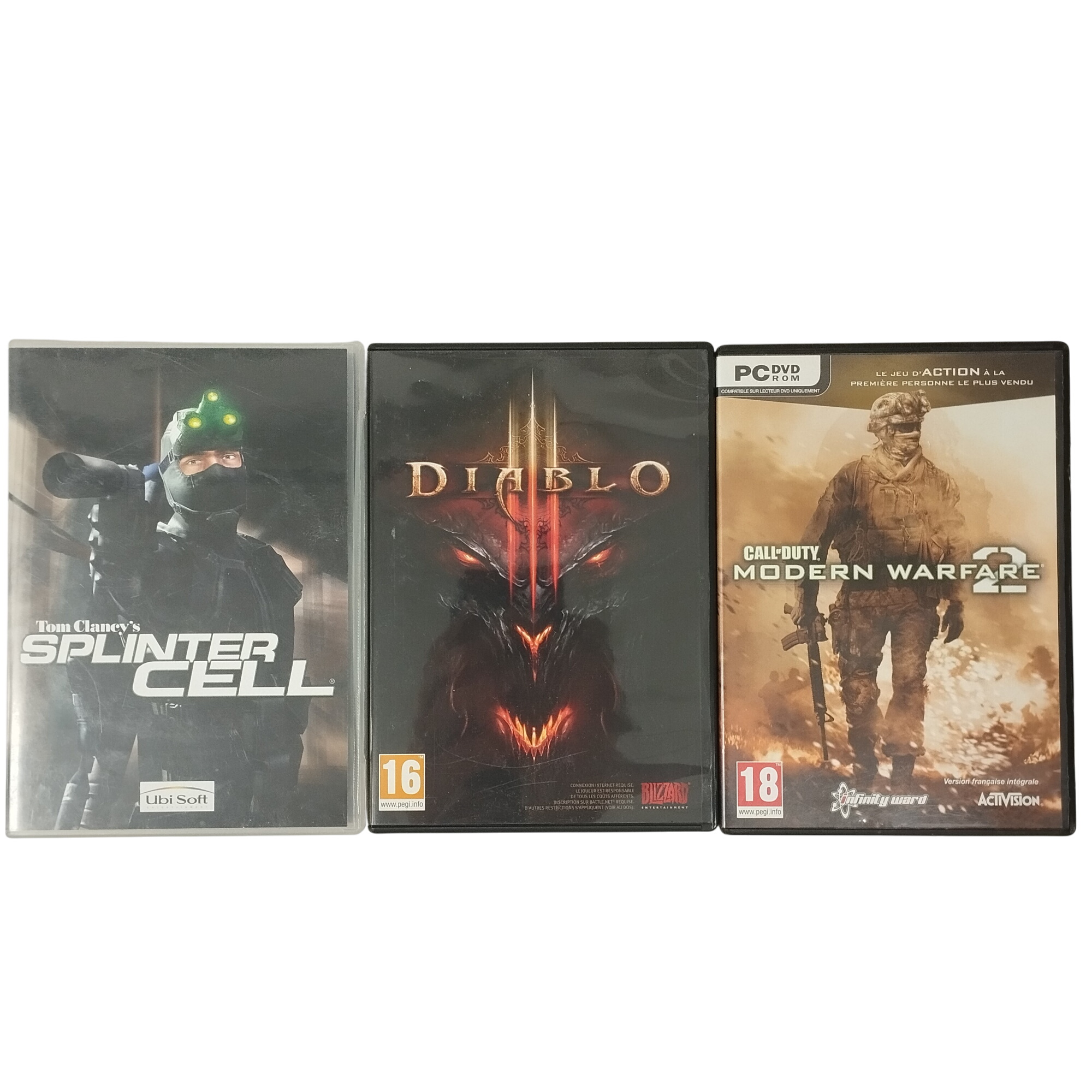 Lot de 3 jeux pour PC : Splinter Cell / Diablo 3 / Call of Duty Modern Warfare 2 - 15,00 € Lot de 3 jeux pour PC : Splinter Cell / Diablo 3 / Call of Duty Modern Warfare 2 reconditionné disponible sur Label Emmaüs