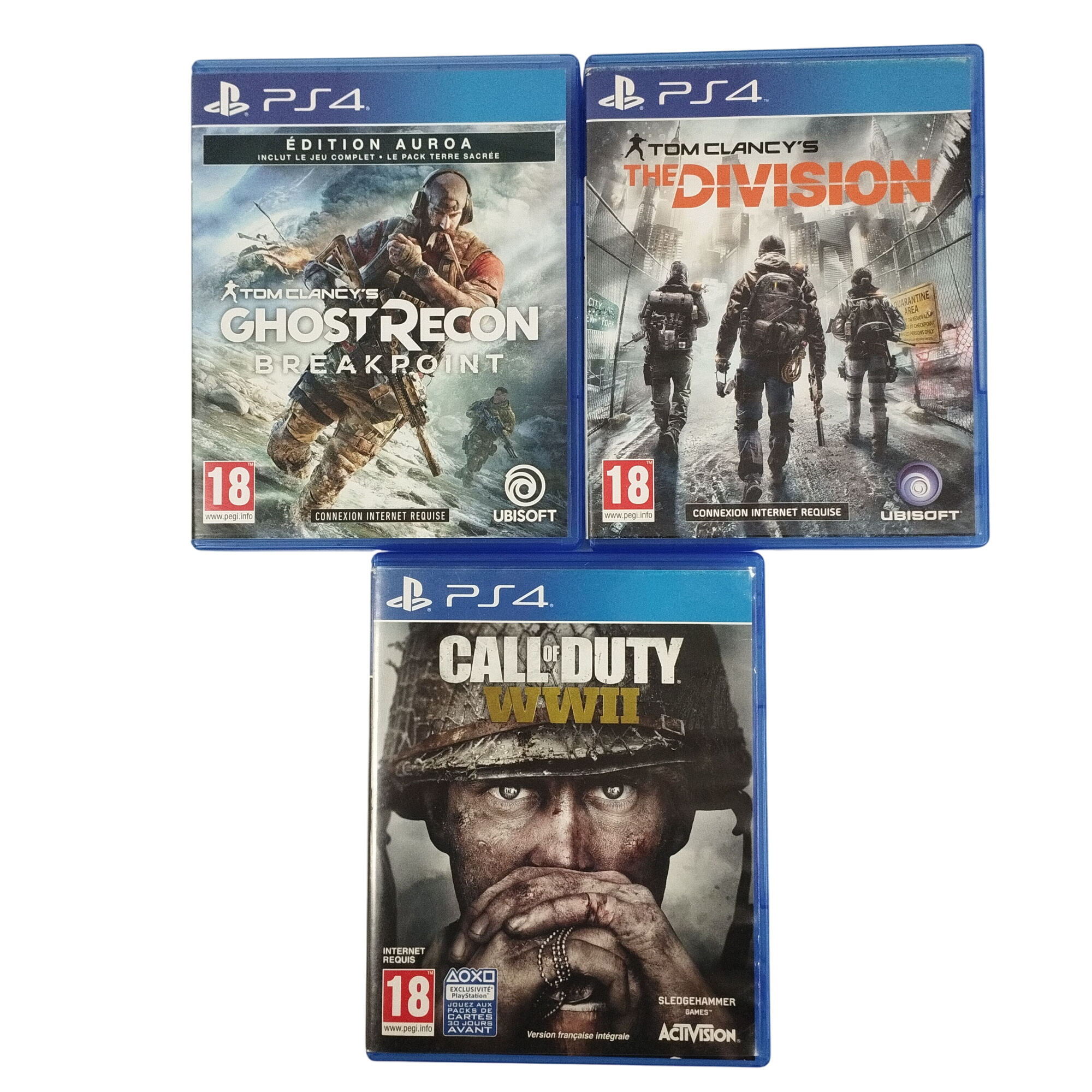 Lot de 3 jeux PS4 : Call of Duty World War 2 / Tom Clancy’s The Division / Tom Clancy's Ghost Recon Breakpoint Très bon état - 15,00 € Lot de 3 jeux PS4 : Call of Duty World War 2 / Tom Clancy’s The Division / Tom Clancy's Ghost Recon Breakpoint Très bon état reconditionné disponible sur Label Emmaüs