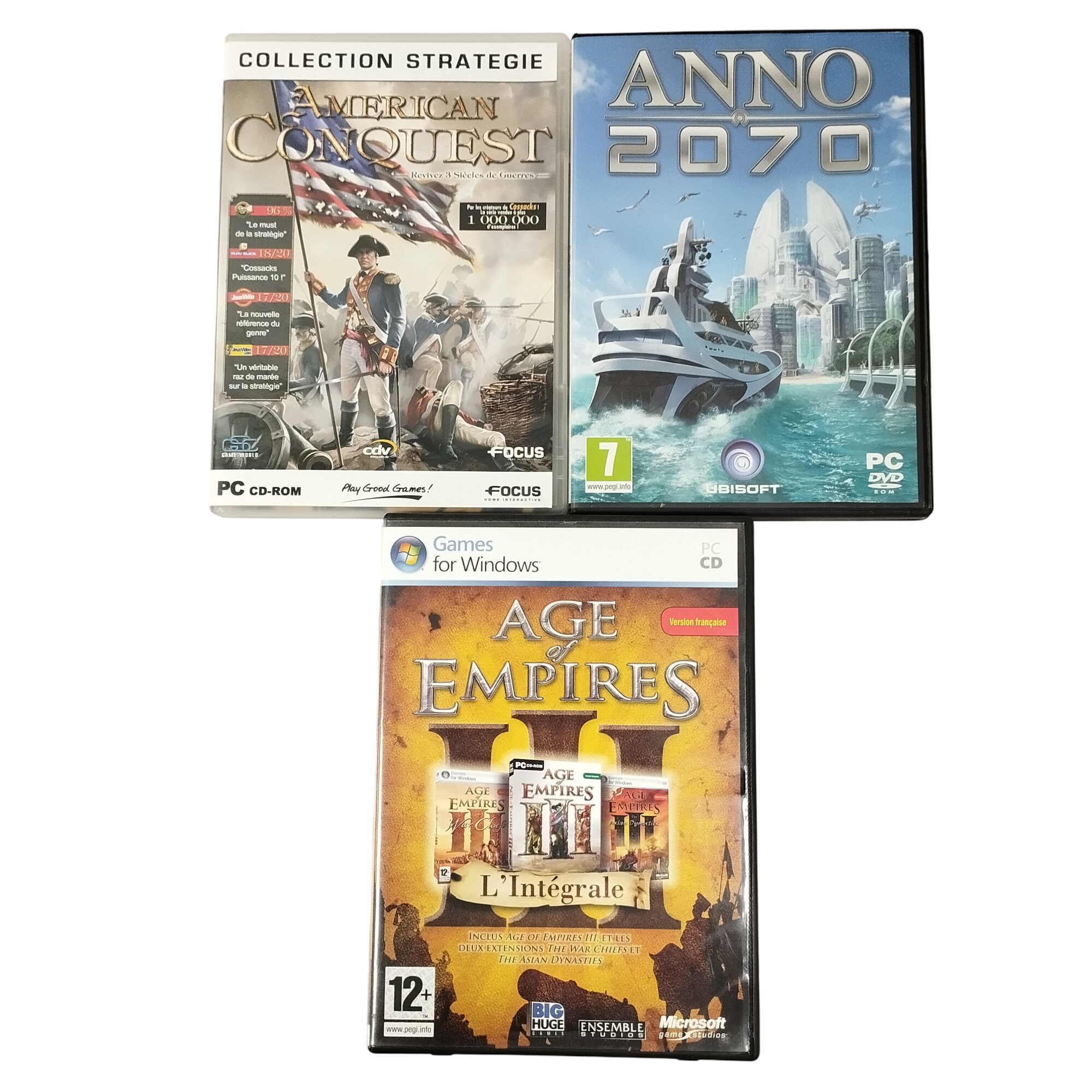 Lot de 3 jeux stratégie temps réel pour PC : American Conquest / Age of Empires 3 Intégrale / Anno 2070 - 15,00 € Lot de 3 jeux stratégie temps réel pour PC : American Conquest / Age of Empires 3 Intégrale / Anno 2070 reconditionné disponible sur Label Emmaüs