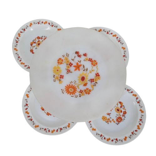 Voir photo 2 de Lot de 4 assiettes à dessert+ plat ARCOPAL motif FLORE vintage 70's Lot de 4 assiettes à dessert+ plat ARCOPAL motif FLORE vintage 70's Très bon état reconditionné photo 2
