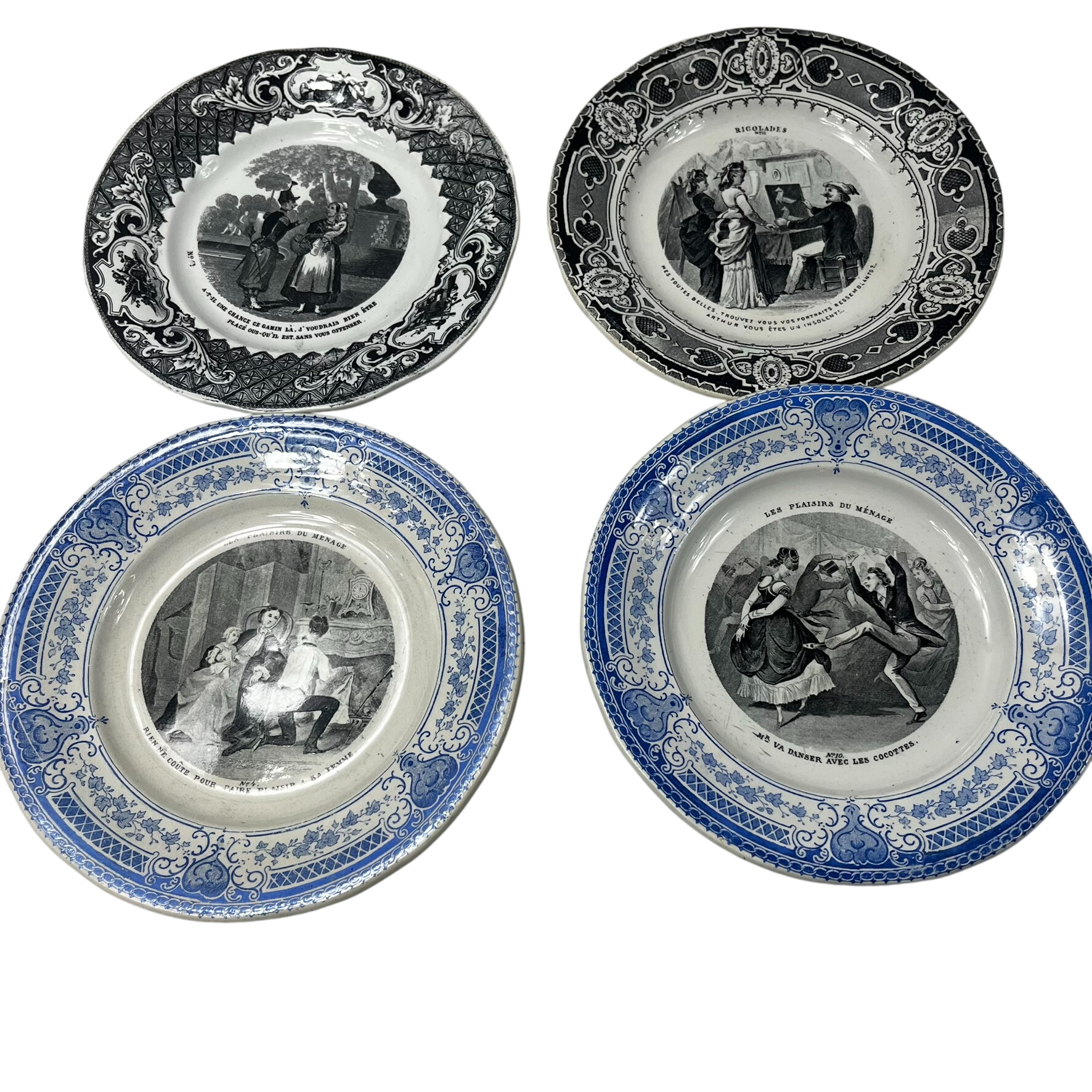 Lot de 4 assiettes parlantes en faïence . 2 bleues série plaisirs du ménage et 2 noires série rigolage Très bon état - 29,00 € Lot de 4 assiettes parlantes en faïence . 2 bleues série plaisirs du ménage et 2 noires série rigolage Très bon état reconditionné disponible sur Label Emmaüs