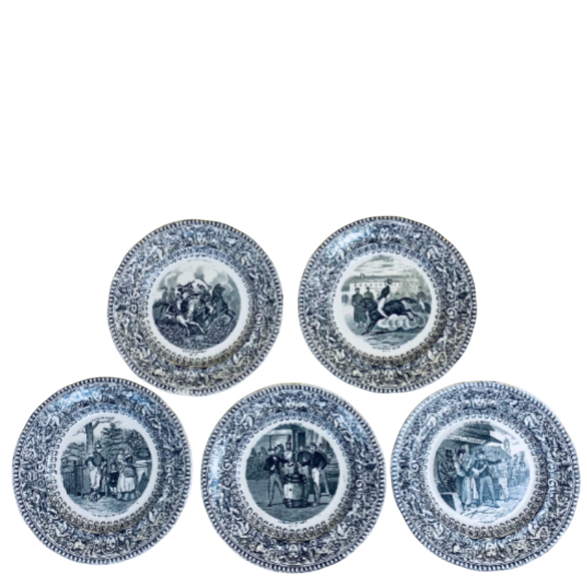 Lot de 5 assiettes parlantes en faïence GIEN - Série "La vie du soldat" (XIXe Siècle) - 65,00 € Lot de 5 assiettes parlantes en faïence GIEN - Série "La vie du soldat" (XIXe Siècle) reconditionné disponible sur Label Emmaüs