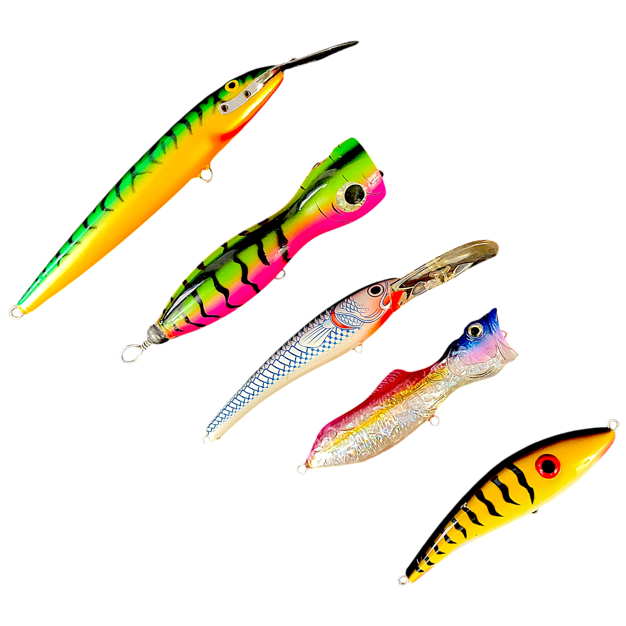 Lot de 5 grands leurres de pêche au gros. État correct - 20,00 € Lot de 5 grands leurres de pêche au gros. État correct reconditionné disponible sur Label Emmaüs