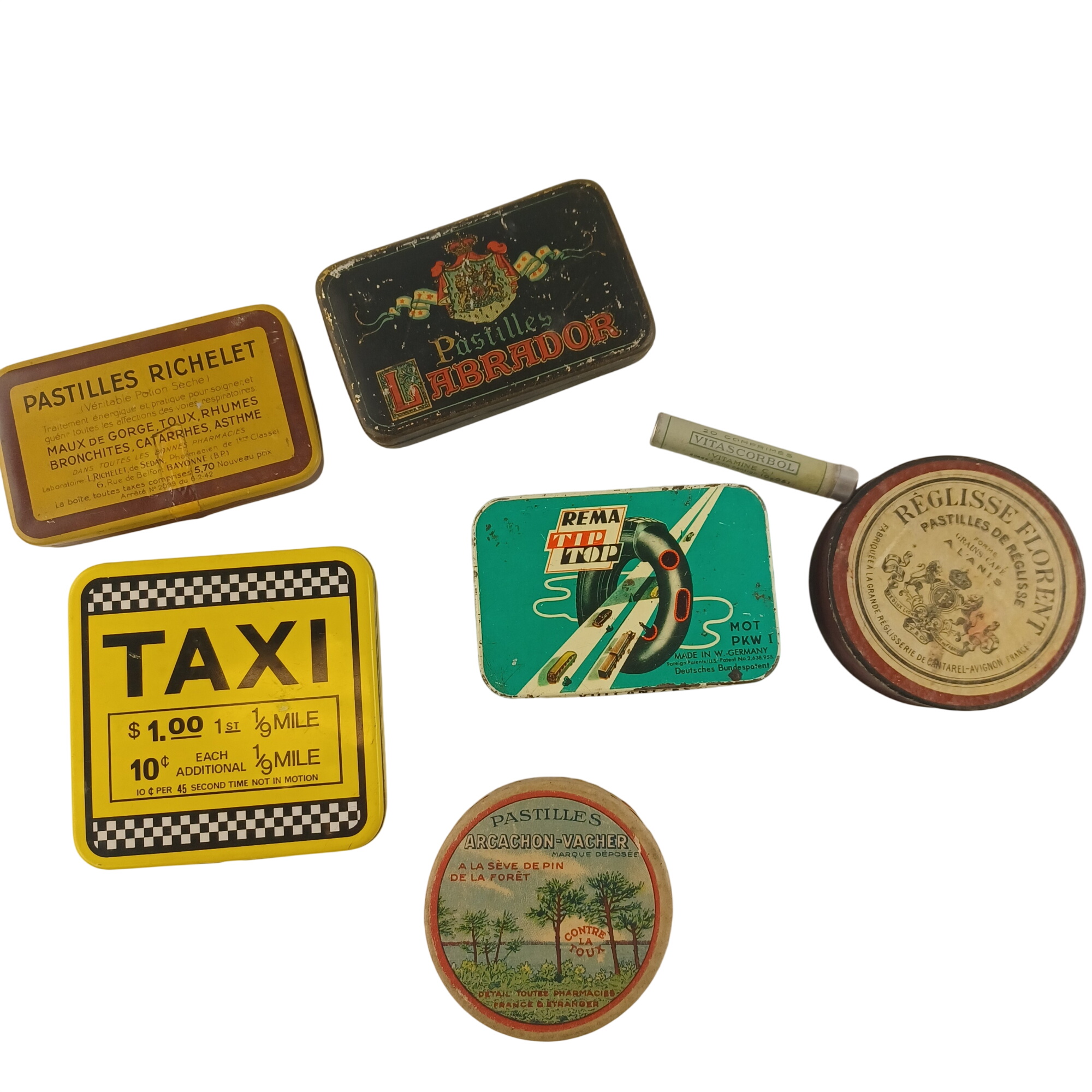 Acheter Lot de boites vintage de métal Pastilles Arcachon vacher, Réglisse Florent, Rema Tip Top, Pastilles Labrador, Pastilles Richelet, Tabatière Taxi Trans America, Vistacorbol Très bon état - 10,00 € Lot de boites vintage de métal Pastilles Arcachon vacher, Réglisse Florent, Rema Tip Top, Pastilles Labrador, Pastilles Richelet, Tabatière Taxi Trans America, Vistacorbol Très bon état reconditionné disponible sur Label Emmaüs