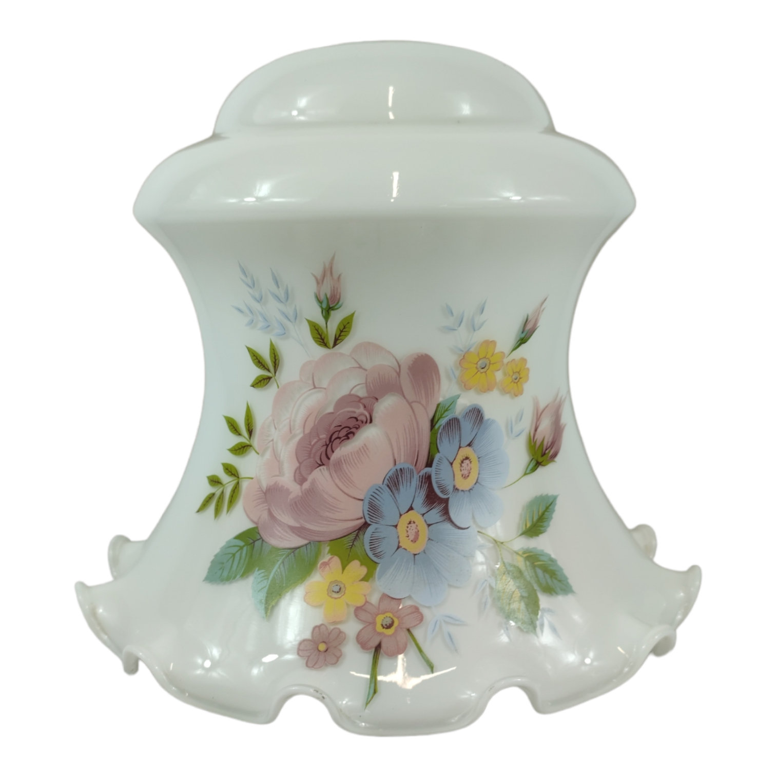 Voir photo 3 de Lustre abat-jour en opaline blanche fleurie - 21,5 cm Lustre abat-jour en opaline blanche fleurie - 21,5 cm Bon état reconditionné photo 3