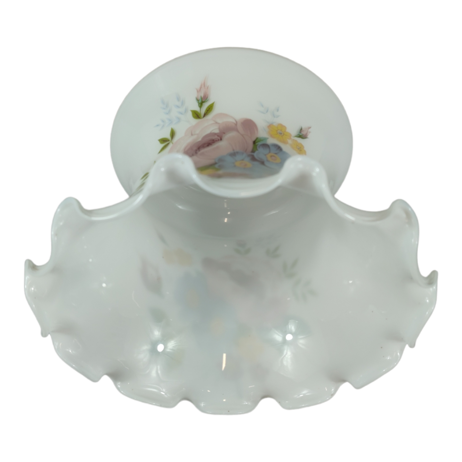 Voir photo 6 de Lustre abat-jour en opaline blanche fleurie - 21,5 cm Lustre abat-jour en opaline blanche fleurie - 21,5 cm Bon état reconditionné photo 6