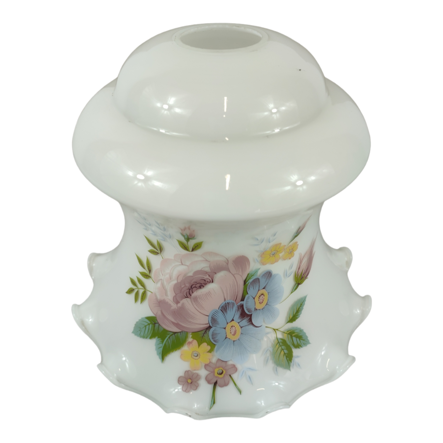 Voir photo 8 de Lustre abat-jour en opaline blanche fleurie - 21,5 cm Lustre abat-jour en opaline blanche fleurie - 21,5 cm Bon état reconditionné photo 8