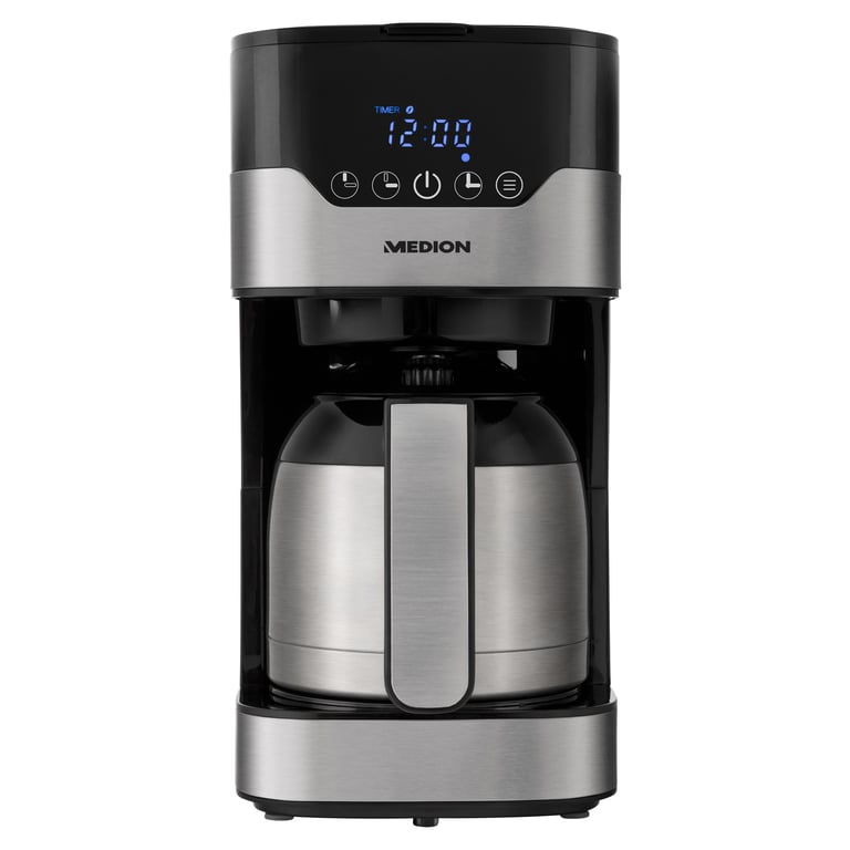 MEDION MD 18458 - Cafetière filtre programmable avec carafe isotherme - 900 Watt - 1,2 Litres - Argent - Excellent état Parfait état reconditionné disponible sur Pixmania