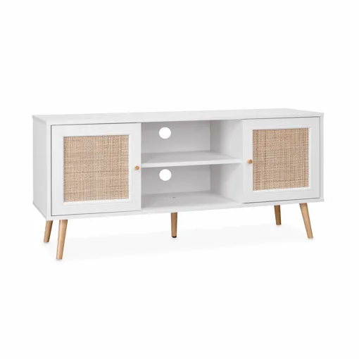 Meuble Tv En Cannage 120x39x56.5cm - Bohème - Blanc 2 Niveaux 2 Étagères 2 Portes Pieds occasion reconditionné disponible sur Rakuten