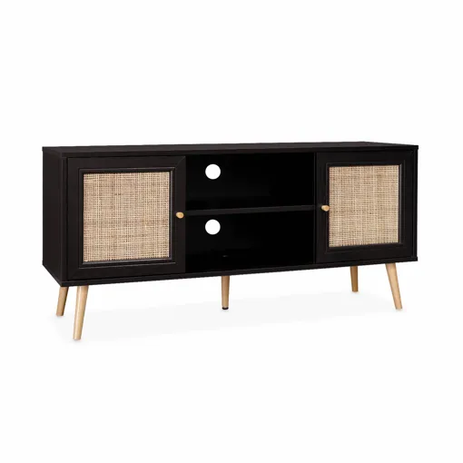 Meuble Tv En Cannage 120x39x56.5cm - Bohème - Noir. 2 Niveaux. 2 Étagères. 2 Portes. Pieds occasion reconditionné disponible sur Rakuten