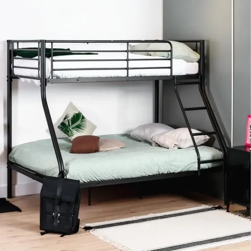 MEUBLES COSY Lit superposé - 1 lit deux places 140 x 190 cm et 1 lit une place 90 x 190 cm - structure en métal noir - matelas non i Bon état reconditionné disponible sur Rakuten