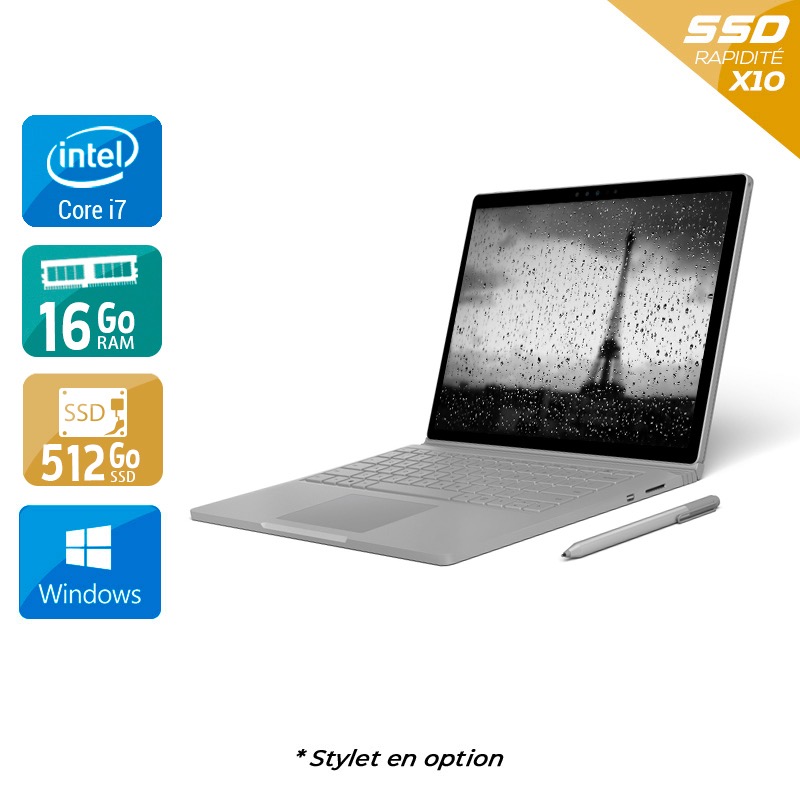 Microsoft Surface Book 13,5'' i7 Gen 6 16Go RAM 512Go SSD Windows 10 État correctOccasion certifiée reconditionnée Bon état reconditionné disponible sur Kiatoo