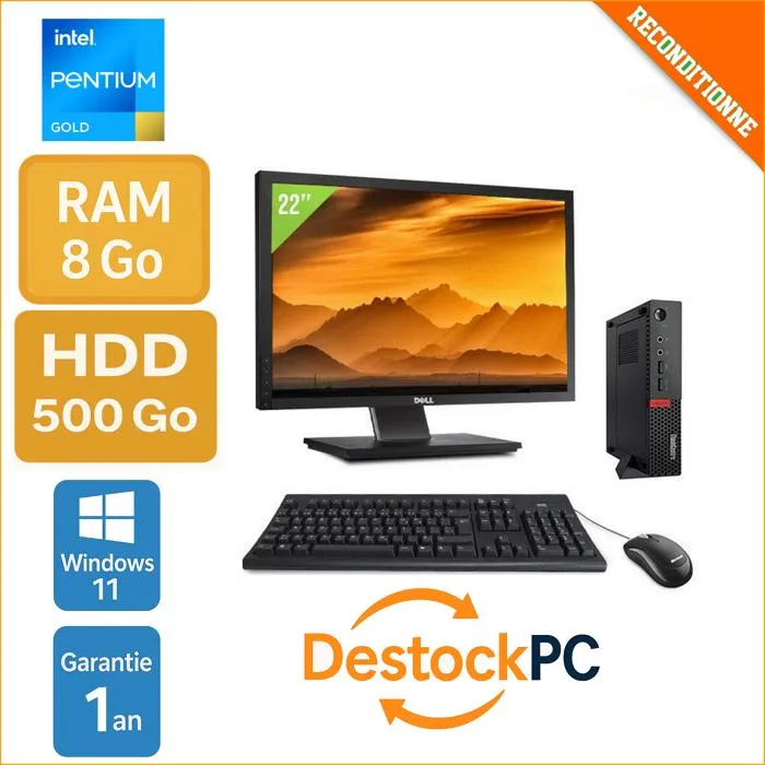 Mini PC avec Écran 22 - Pentium Gold - 8Go de RAM - 256Go SSD - Système Windows 11 Reconditionné Lenovo reconditionné disponible sur Cdiscount Seconde Vie