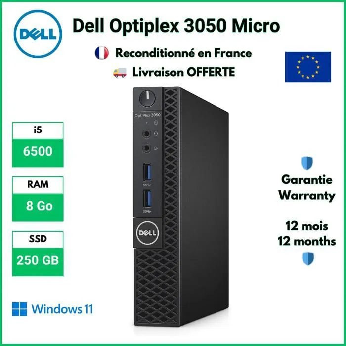 Mini PC Dell Optiplex 3050 Micro Core i5 6500 8 Go 250 GB SSD Windows 11 Reconditionné Dell reconditionné disponible sur Cdiscount Seconde Vie