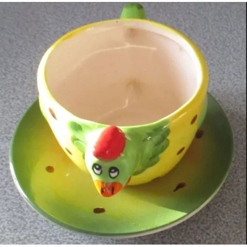 Mini Pot/Tasse De Céramique- Jaune Et Vert Avec La Tête D'un Oiseau- Anse De Tenue-Hauteur 6cm- Assiette De Dessous Assortie Diamètre 11.5cm- Très Décoratif occasion reconditionné disponible sur Rakuten