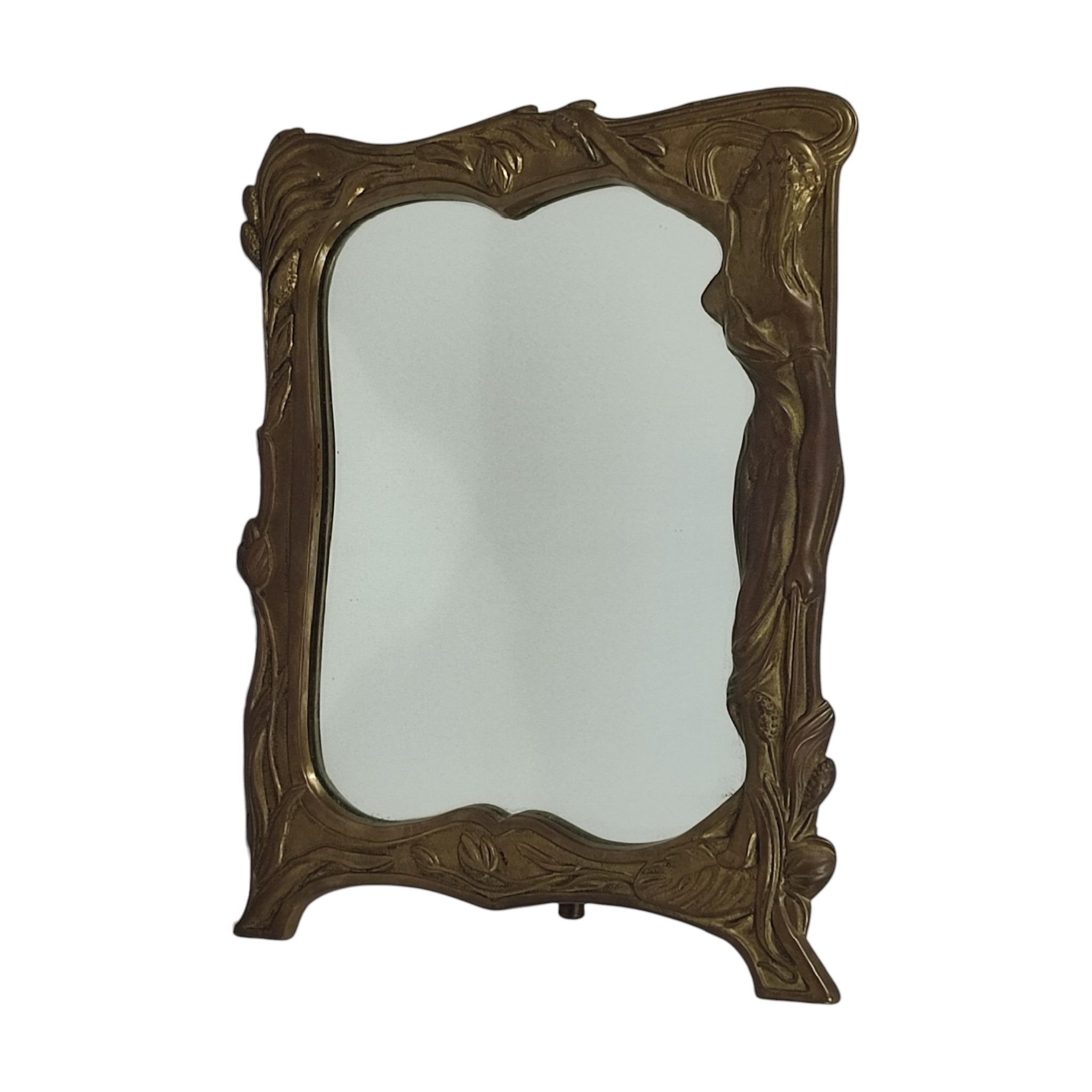 Voir photo 2 de Miroir de table sur pied - Décor Nymphe sur nénuphar - Cadre fleuri - Style Art Nouveau - Bronze Miroir de table sur pied - Décor Nymphe sur nénuphar - Cadre fleuri - Style Art Nouveau - Bronze Bon état reconditionné photo 2
