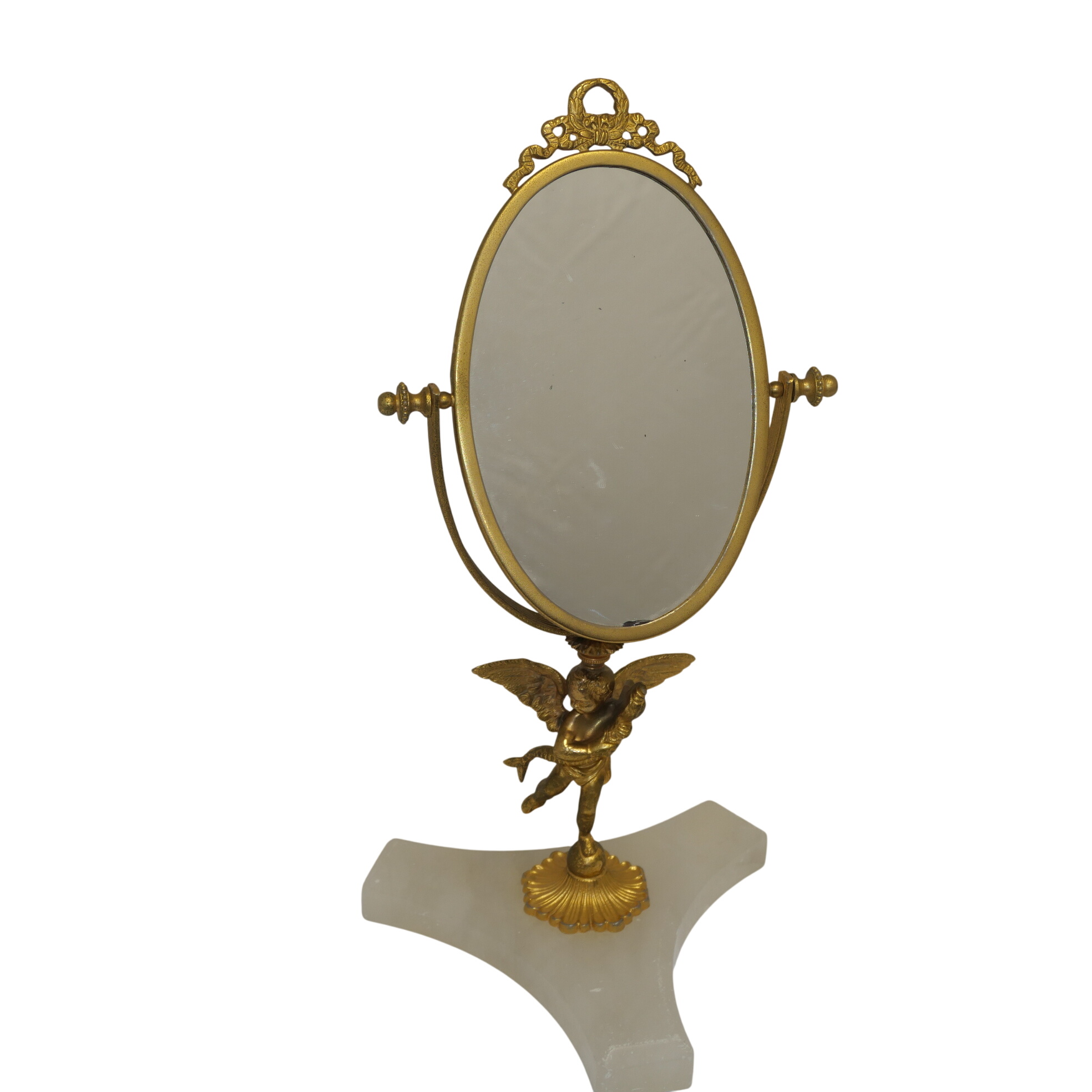 Miroir de toilette pivotant Napoléon III en albâtre et métal doré – Cupidon – XIXᵉ siècle Bon état - 89,00 € Miroir de toilette pivotant Napoléon III en albâtre et métal doré – Cupidon – XIXᵉ siècle Bon état reconditionné disponible sur Label Emmaüs